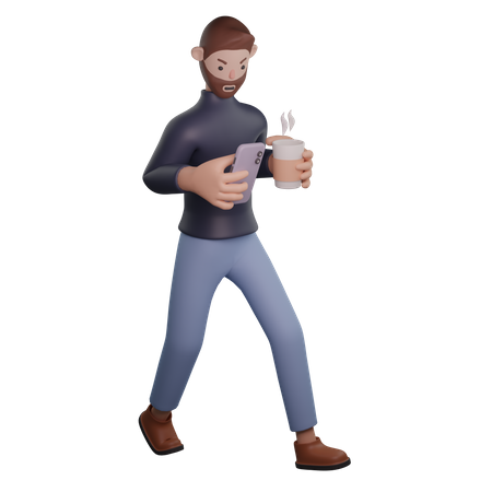 Mann benutzt Telefon und hält Kaffee  3D Illustration