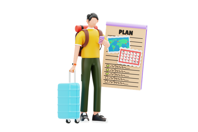 Mann beobachtet Reiseplaner auf dem Handy  3D Illustration