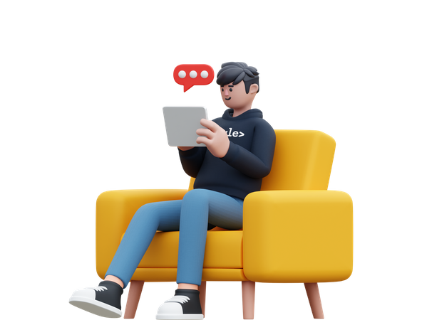 Mann beim Online-Chat, während er auf der Couch sitzt  3D Illustration