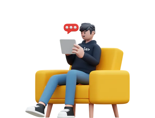 Mann beim Online-Chat, während er auf der Couch sitzt  3D Illustration