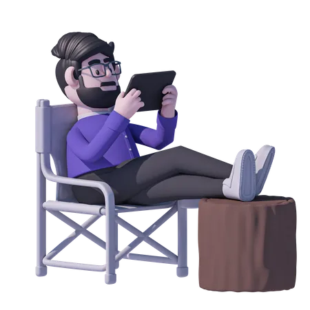 Mann Entspannung auf Stuhl und beobachten Tablet  3D Icon