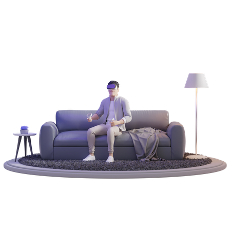 Mann erkundet VR auf Sofa  3D Illustration
