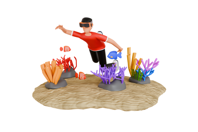 Mann erlebt virtuelle Meerestour  3D Illustration