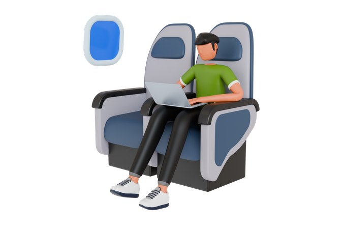 Mann erledigt Fernarbeit während einer Flugreise  3D Illustration