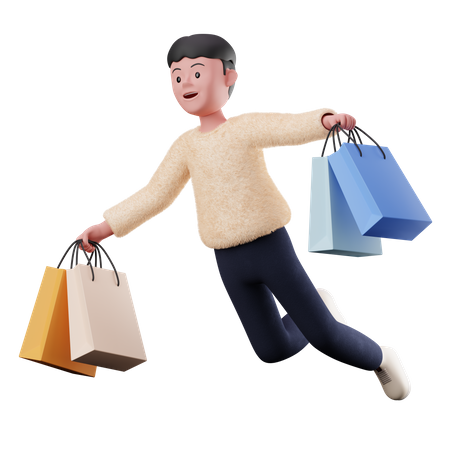 Mann fliegt mit Einkaufstüten  3D Illustration