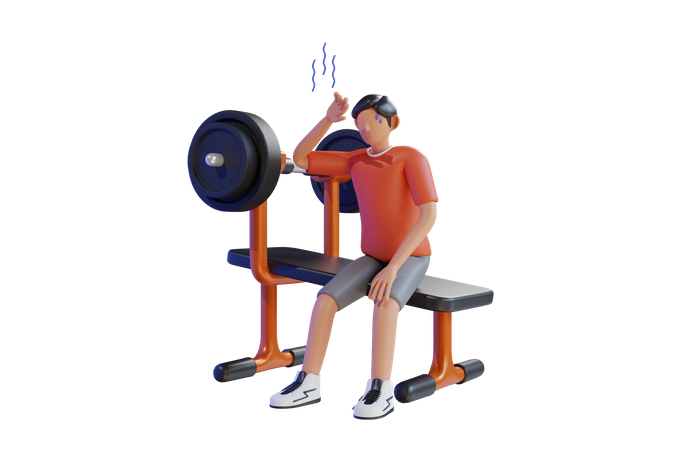 Mann fühlt sich nach Gewichtheben erschöpft  3D Illustration