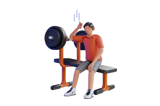 Mann fühlt sich nach Gewichtheben erschöpft  3D Illustration