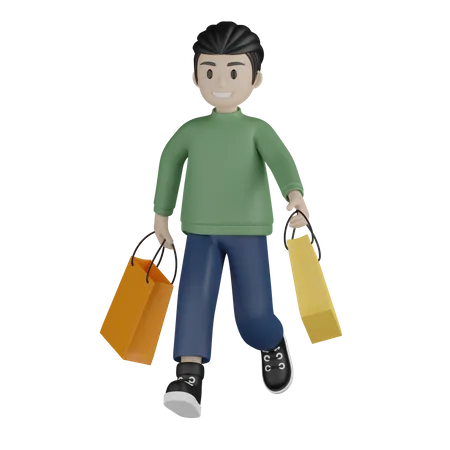 Mann geht mit Einkaufstüten  3D Illustration