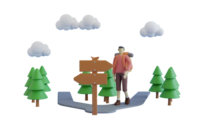 Mann geht zum Zelten im Wald  3D Illustration