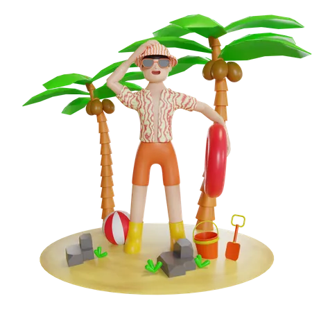 Mann genießt auf der Insel mit Schwimmschlauch  3D Illustration