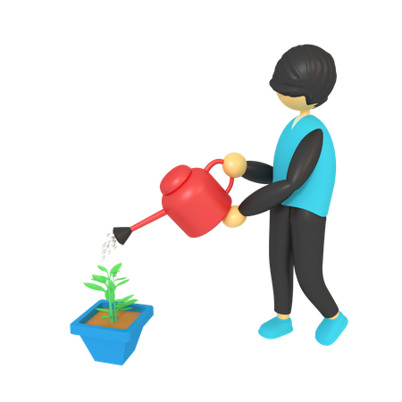 Mann gießt Pflanzen in Töpfen  3D Illustration
