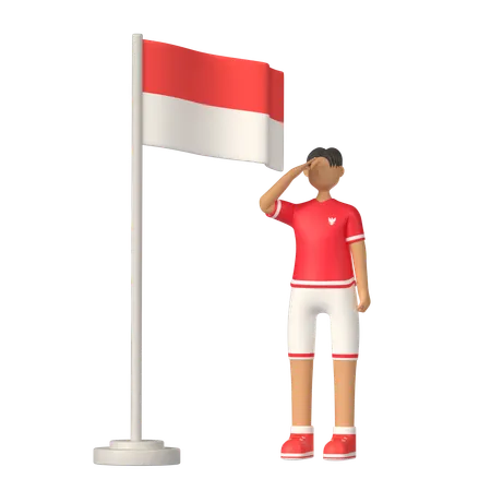 Mann grüßt indonesische Flagge  3D Illustration