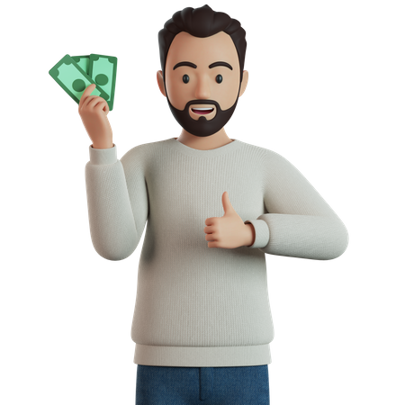 Mann hält Bargeld und gibt Daumen hoch  3D Illustration