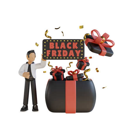 Mann hält Black Friday-Brett  3D Illustration