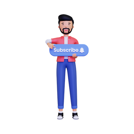 Mann hält den Abonnieren-Button und zeigt  3D Icon