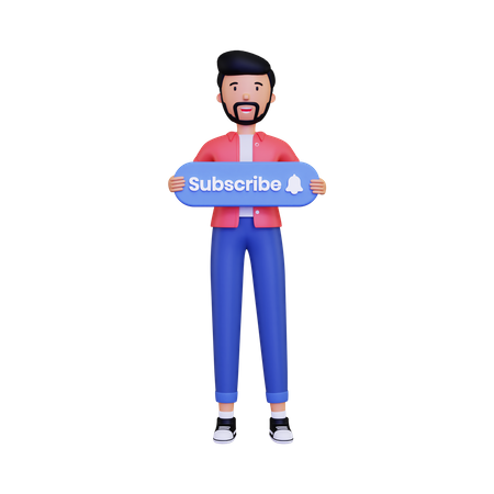 Mann hält einen Abonnieren-Button  3D Icon