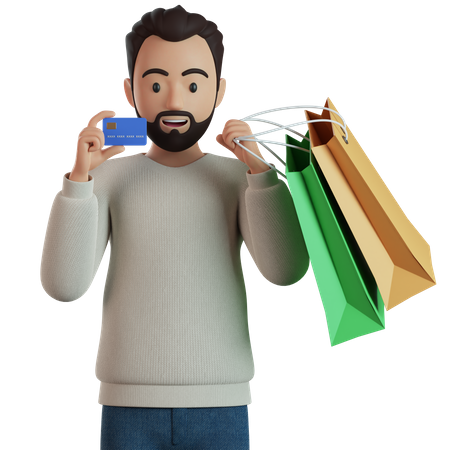 Mann hält Einkaufstüten und zeigt Kreditkarte  3D Illustration