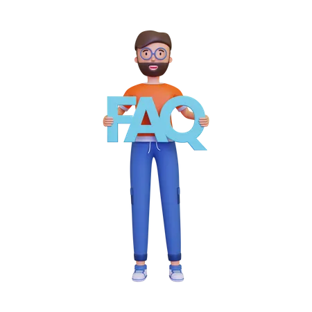 Mann hält FAQ  3D Illustration