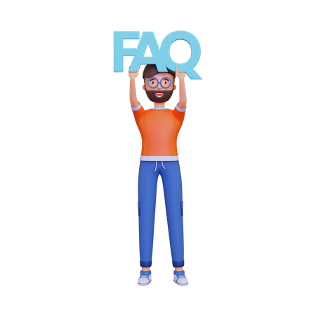 Mann hält FAQ  3D Illustration