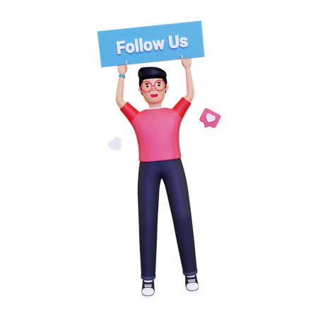 Mann hält „Folge uns“-Button  3D Icon
