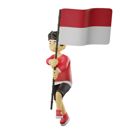 Mann hält indonesische Flagge  3D Illustration