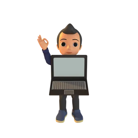 Mann hält Laptop und ok Zeichen  3D Illustration