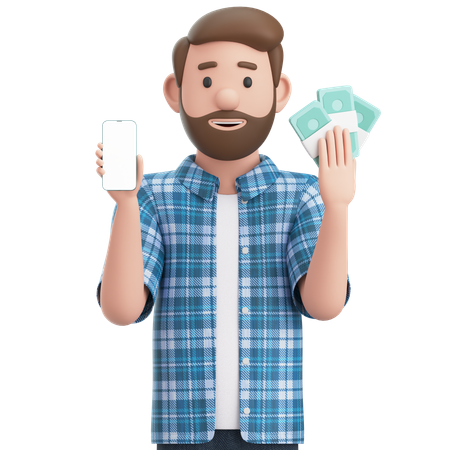 Mann hält Smartphone und einen Haufen Bargeld  3D Illustration