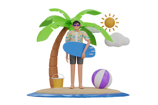 Mann mit Surfbrett  3D Illustration