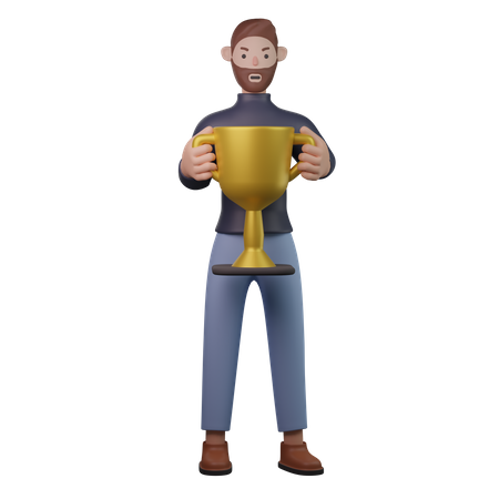 Mann hält Trophäe  3D Illustration