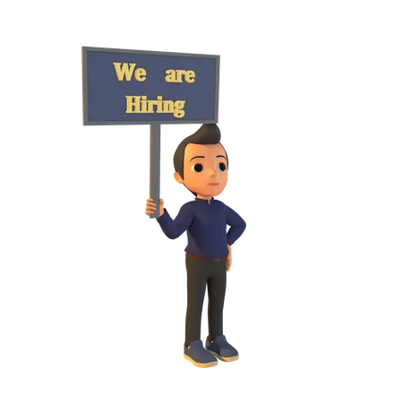 Mann hält eine Tafel mit dem Titel „Wir stellen ein“  3D Illustration