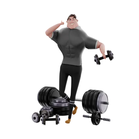 Mann hebt Hantel im Fitnessstudio  3D Illustration