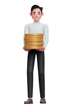 Mann in einem blauen Hemd trägt einen Haufen Goldmünzen  3D Illustration