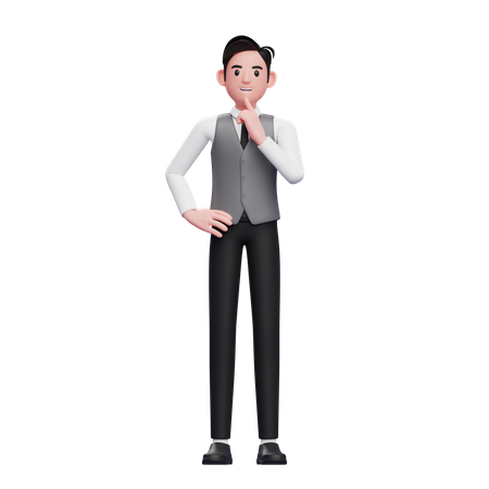 Mann in Denkpose, stehend mit der Hand auf der Taille und grauer Büroweste  3D Illustration