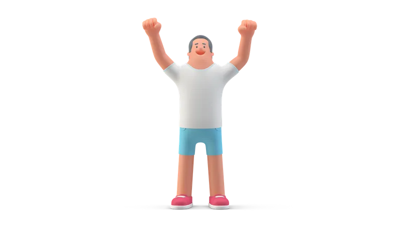 Mann in Shorts hebt beide Hände  3D Illustration