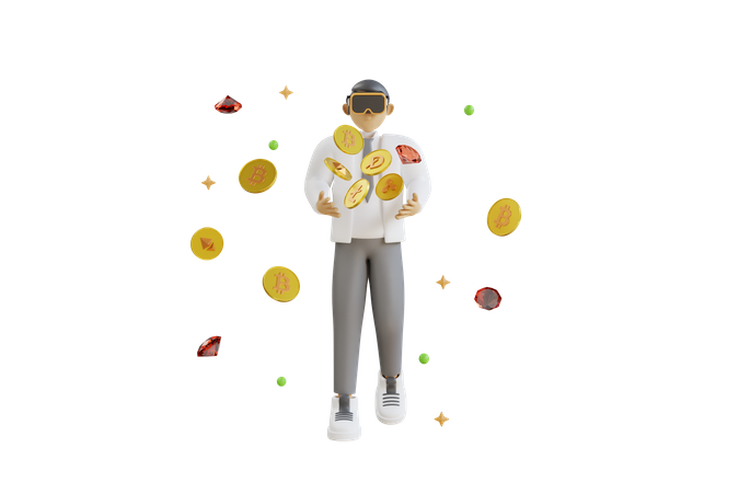 Mann investiert mithilfe von VR-Technologie in Kryptowährungen  3D Illustration
