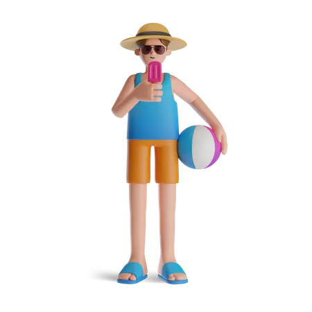 Mann isst Eis am Strand  3D Illustration