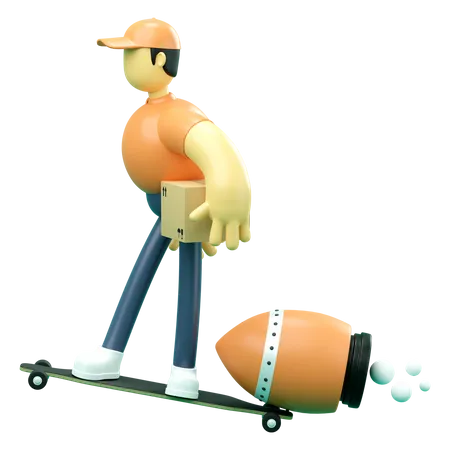 Mann liefert Produkt auf Skateboard aus  3D Illustration