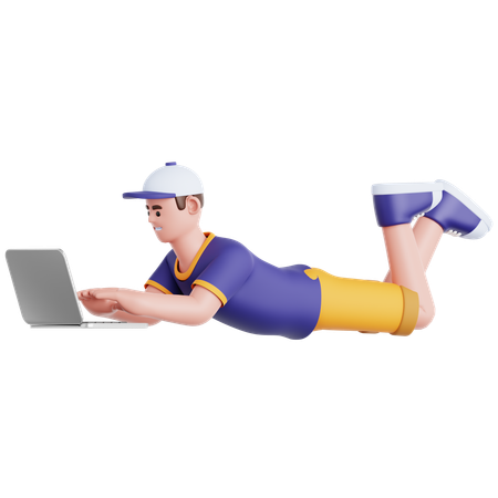 Mann liegt und benutzt Laptop  3D Illustration