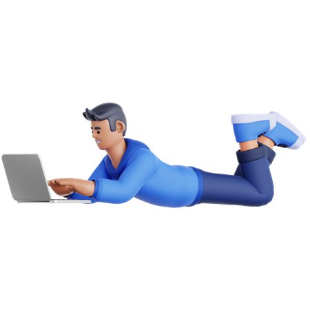 Mann liegt und benutzt Laptop  3D Illustration