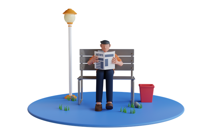 Mann liest Zeitung im Park  3D Illustration