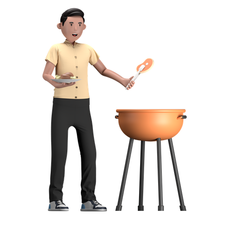 Mann macht BBQ im Grill  3D Illustration
