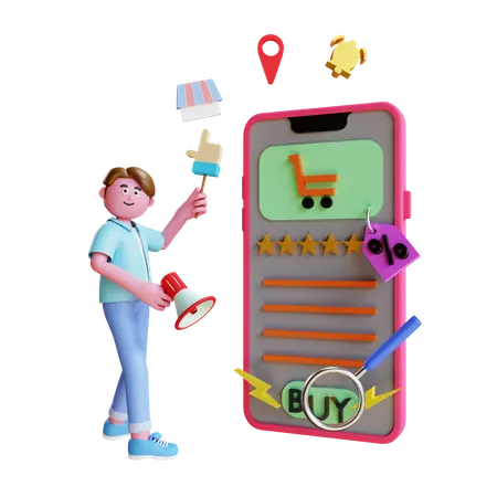 Mann mit großem Telefon macht digitales Marketing  3D Illustration