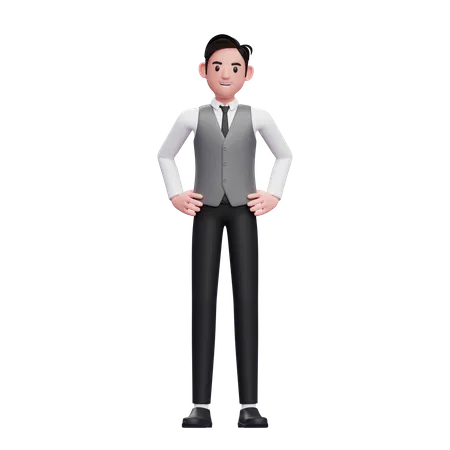 Mann mit Hand auf der Taille trägt eine graue Büroweste  3D Illustration