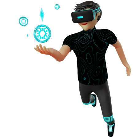 Mann mit Kryptomünze im Metaversum  3D Illustration