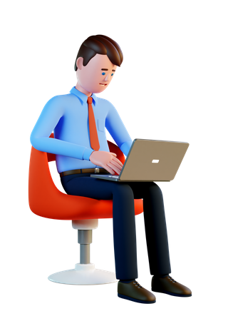 Mann mit Laptop arbeitet, während er auf einem Stuhl sitzt  3D Illustration