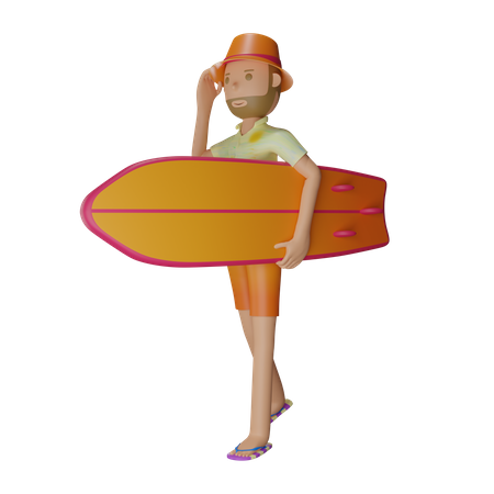 Mann mit Surfbrett  3D Illustration