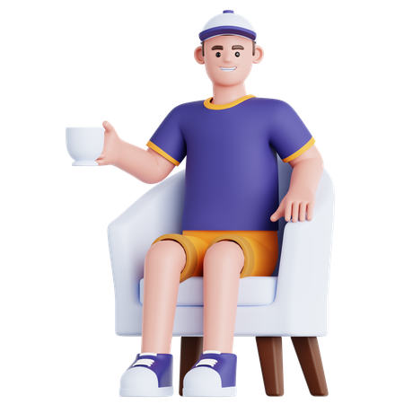 Mann mit Tasse Getränk sitzt auf Sofa  3D Illustration