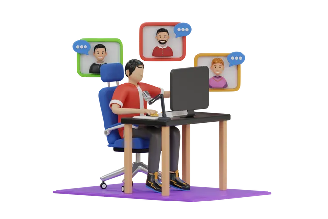 Mann nimmt an einem Online-Meeting teil  3D Illustration