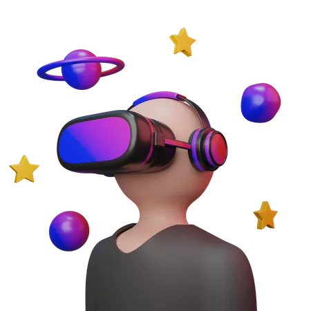 Mann nimmt an VR-Weltraumerfahrung teil  3D Illustration