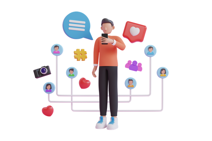 Mann nutzt Social-Media-App auf Handy  3D Icon